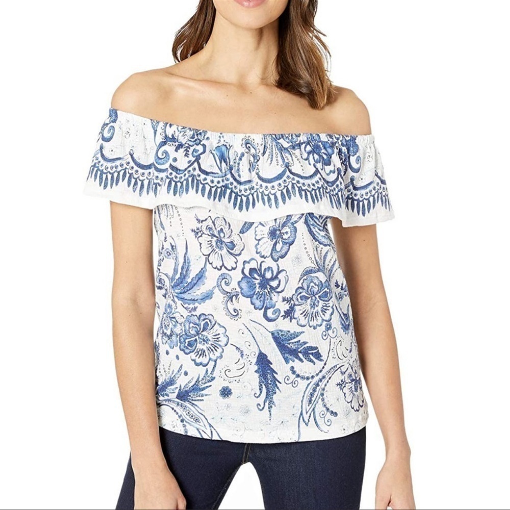 TRIBAL Jeans White / Blue off the Shoulder Blouse / Top Size Medium